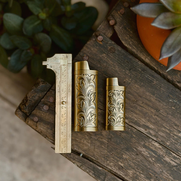 image of brass filligree lighter case in small and large sizes, available at cival collective