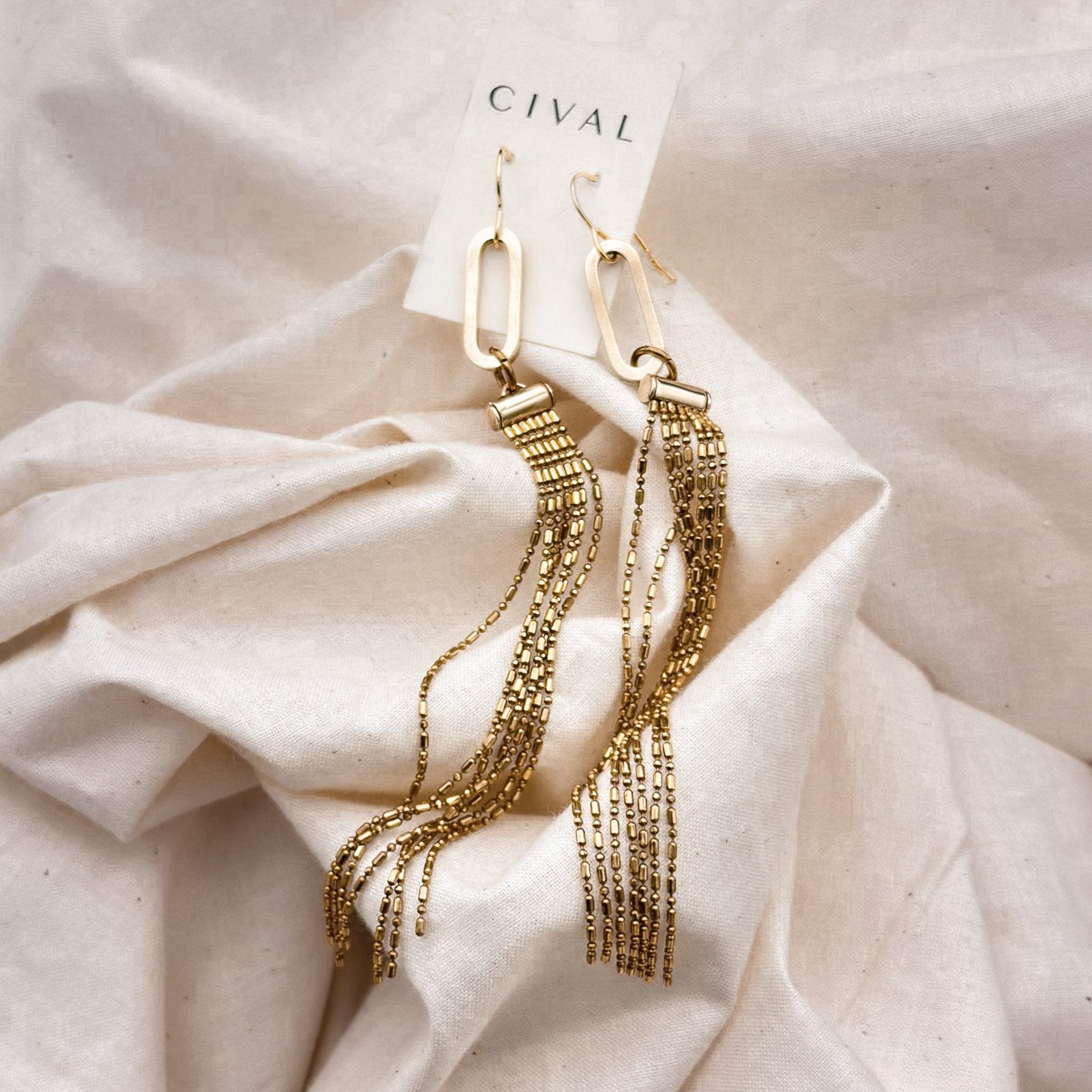 long cascade fringe brass chain shoulder duster holiday earrings