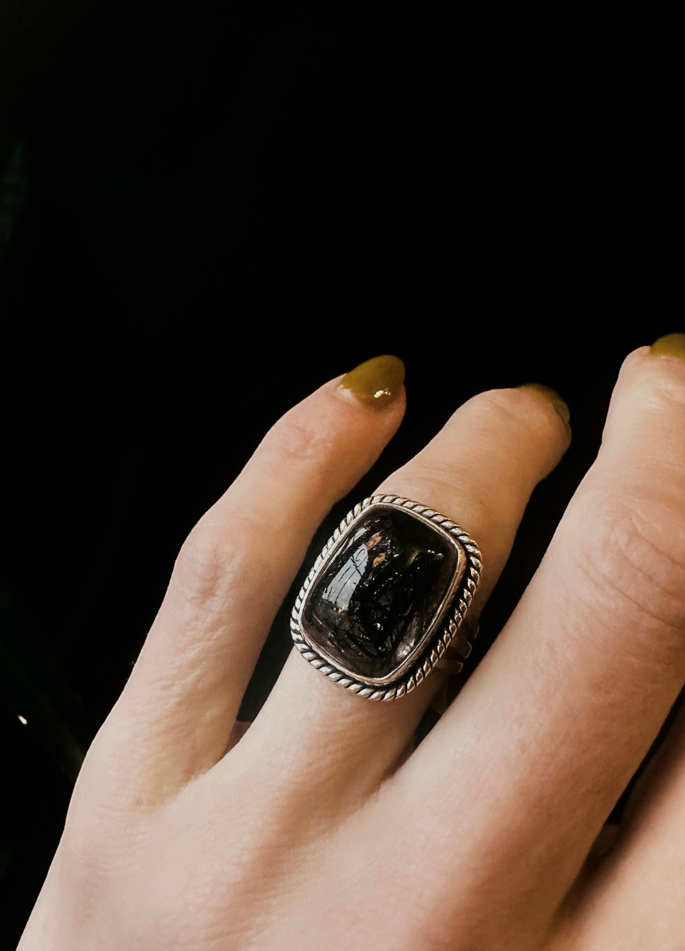 Black tourmaline in clear quartz rectangle ring size 7 on hand