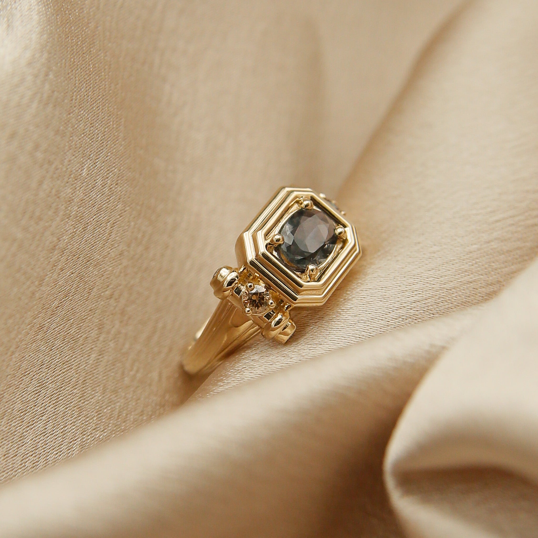 14k yellow setting with east west custom natural brown sapphire french tank style engagement ring - Milwaukee WI jewelry design company Cival Collective