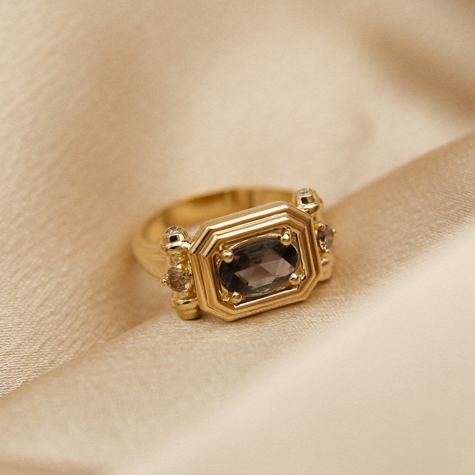 14k yellow setting with east west custom natural brown sapphire french tank style engagement ring - cival collective