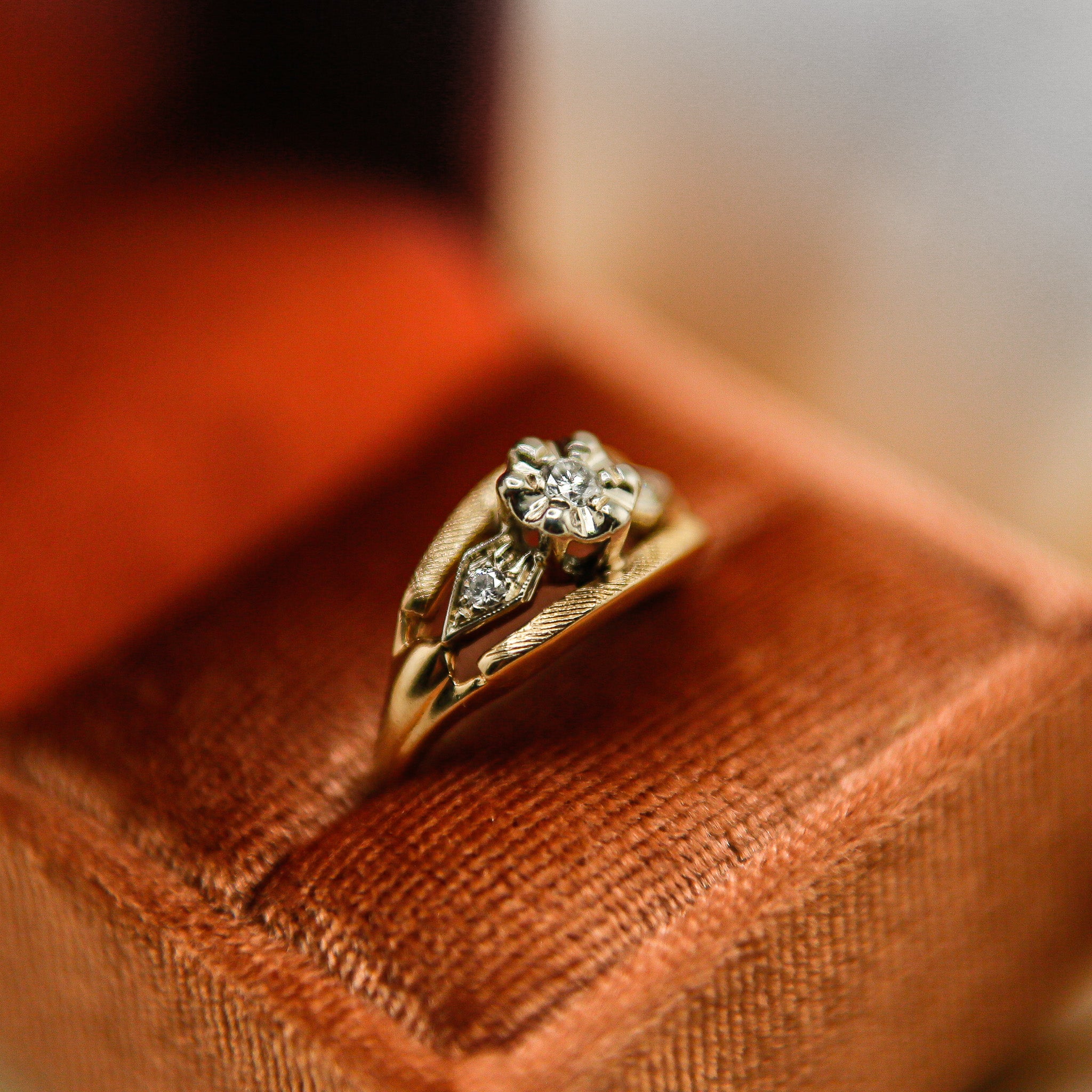 Midcentury 14k Two Tone Three Stone Engagement Ring | sz 6.5