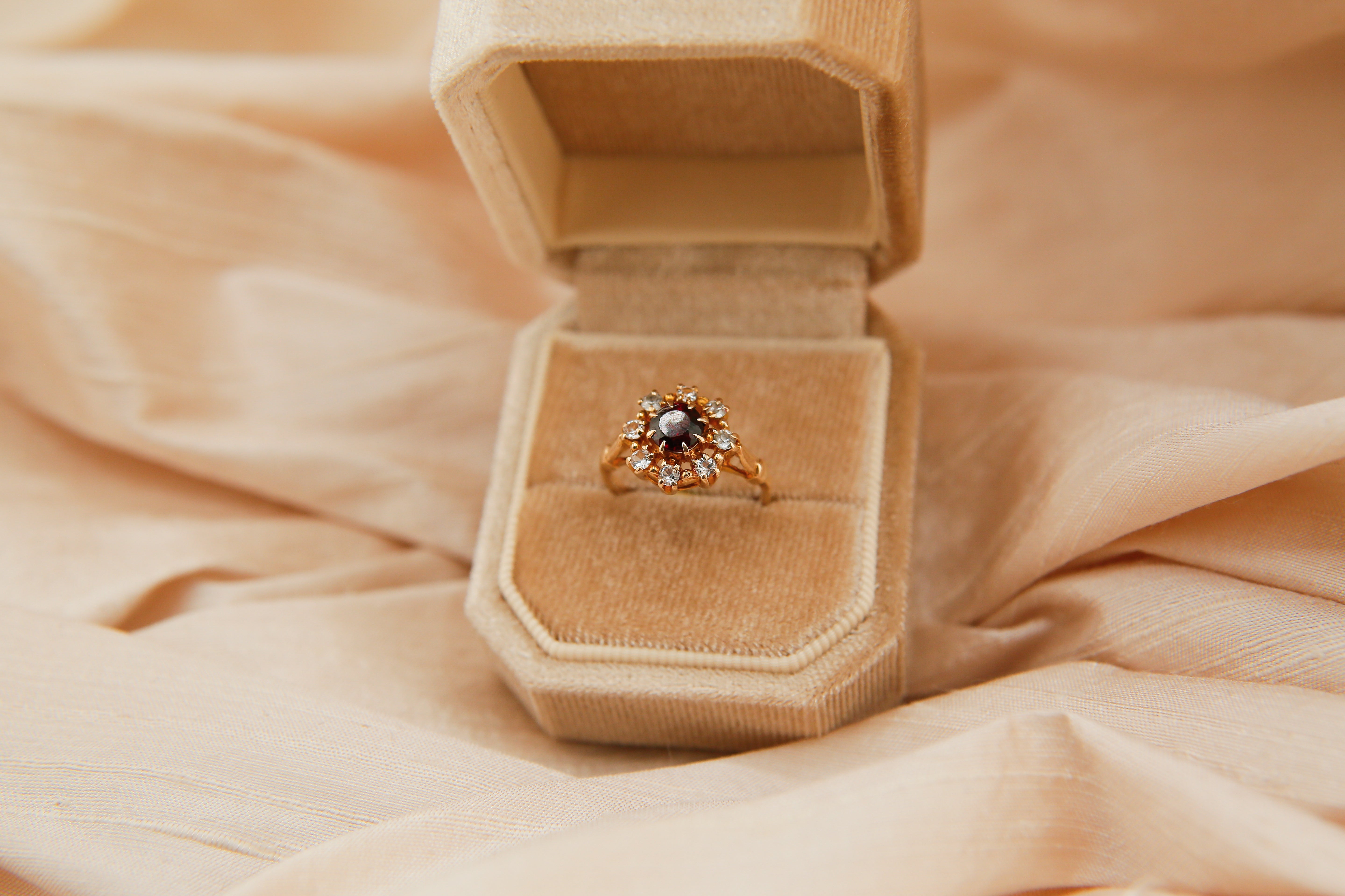 70's Gregorian Inspired Garnet and White Sapphire Halo Ring | sz 6
