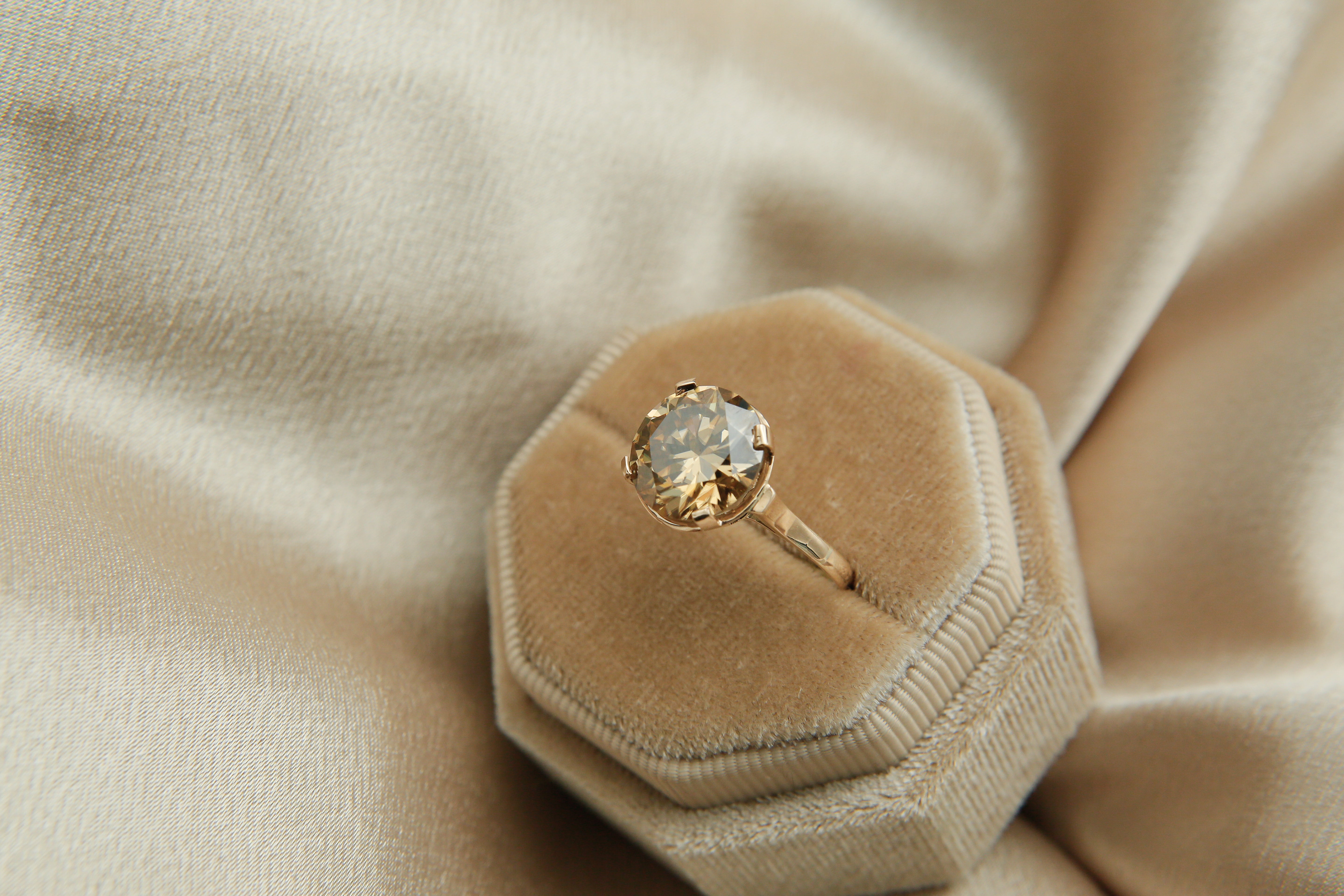 5ct champagne moissanite gold ring sold at cival collective in milwaukee wisconsin