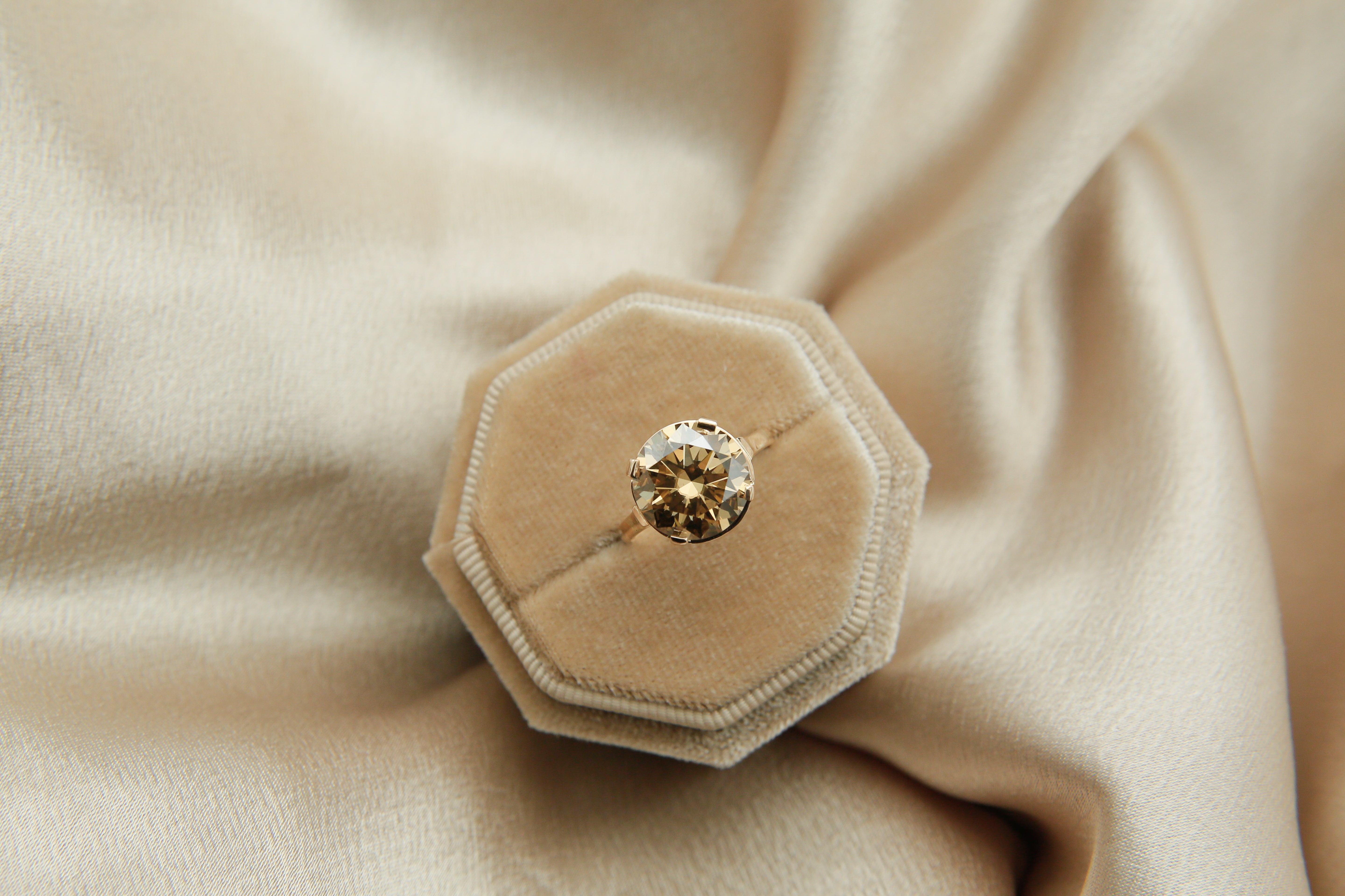 top view of 5ct champagne moissanite gold ring sold at cival collective in milwaukee wisconsin
