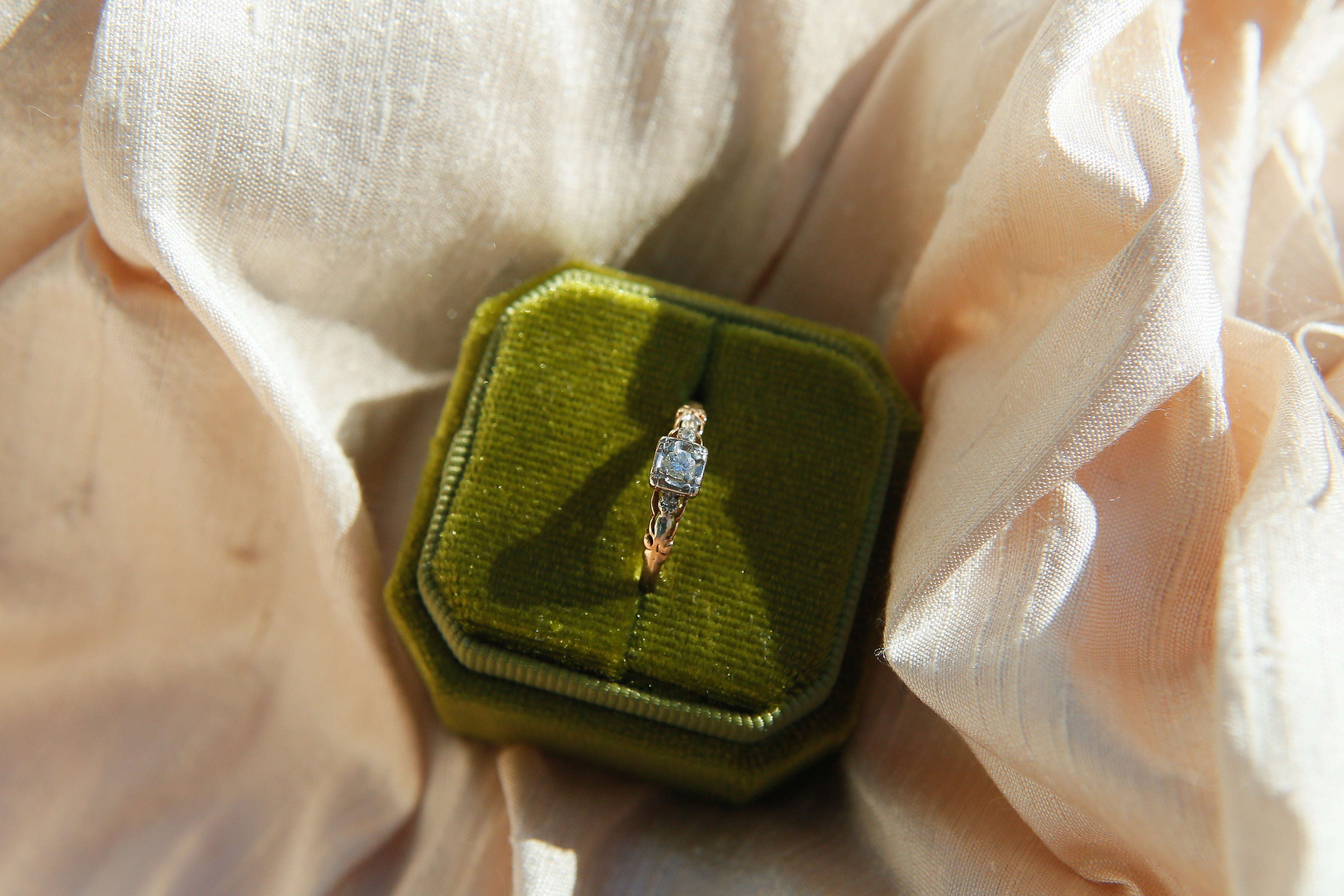 Antique Two-Tone Three Stone Engagement Ring | sz 6.25