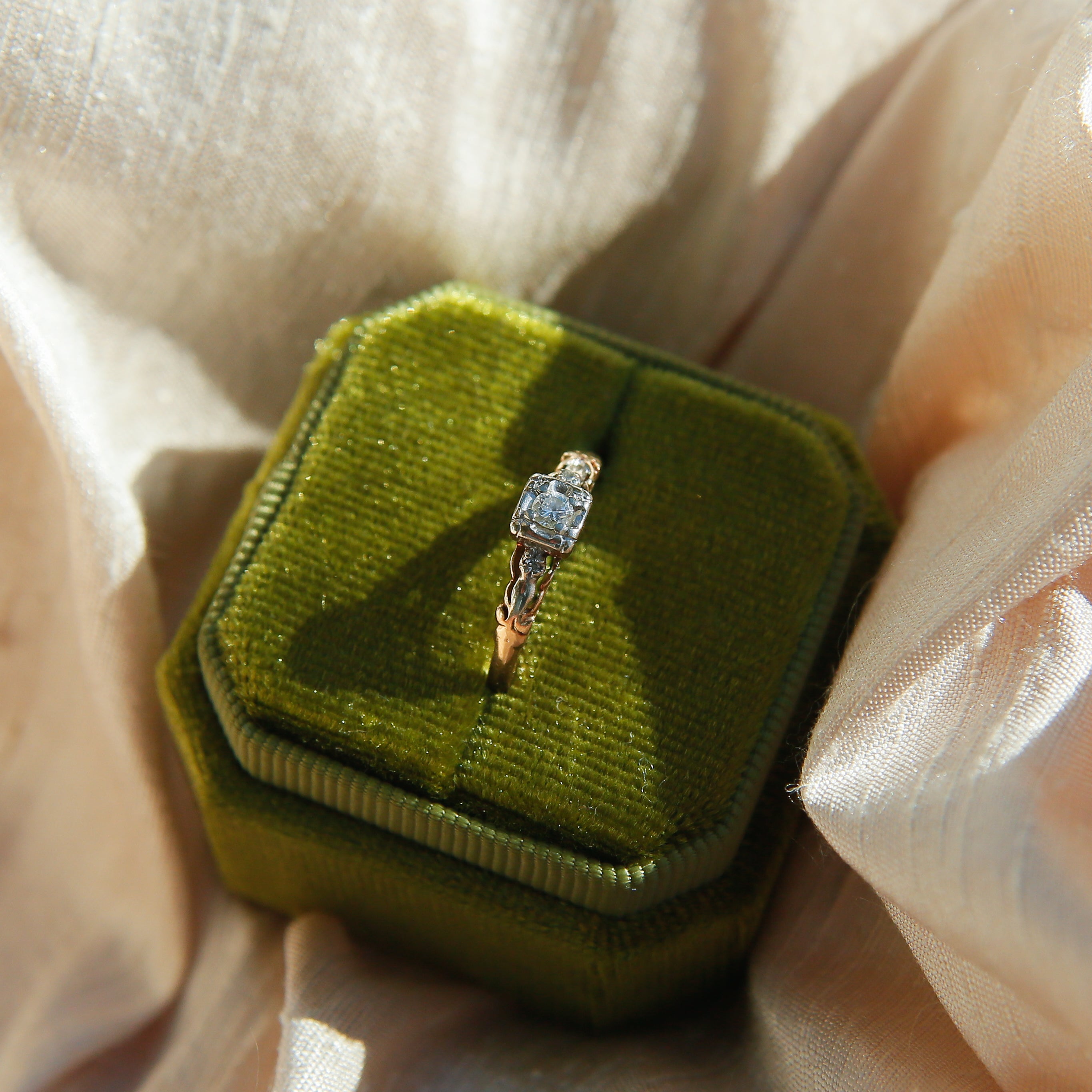 Antique Two-Tone Three Stone Engagement Ring | sz 6.25