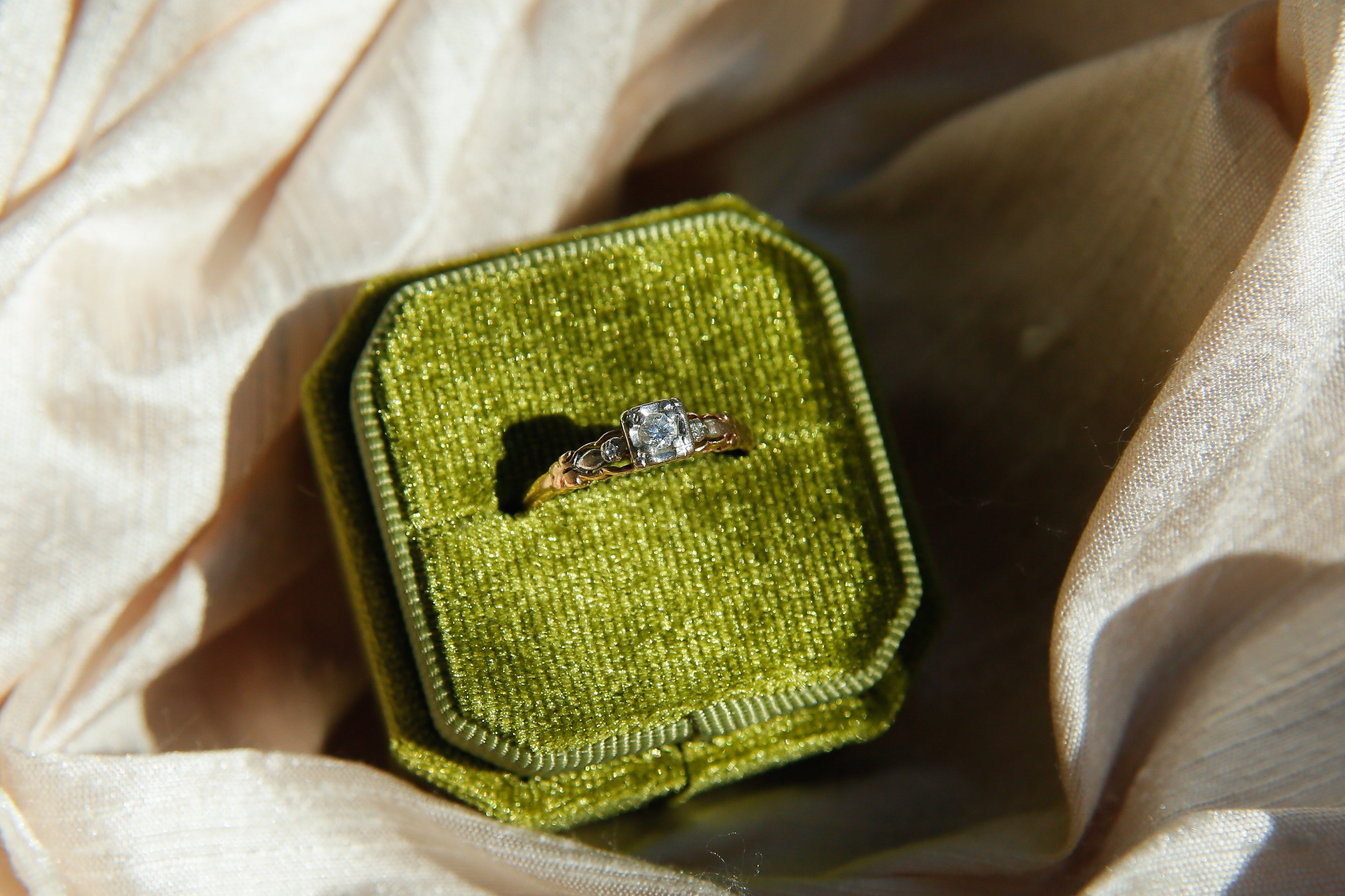Antique Two-Tone Three Stone Engagement Ring | sz 6.25