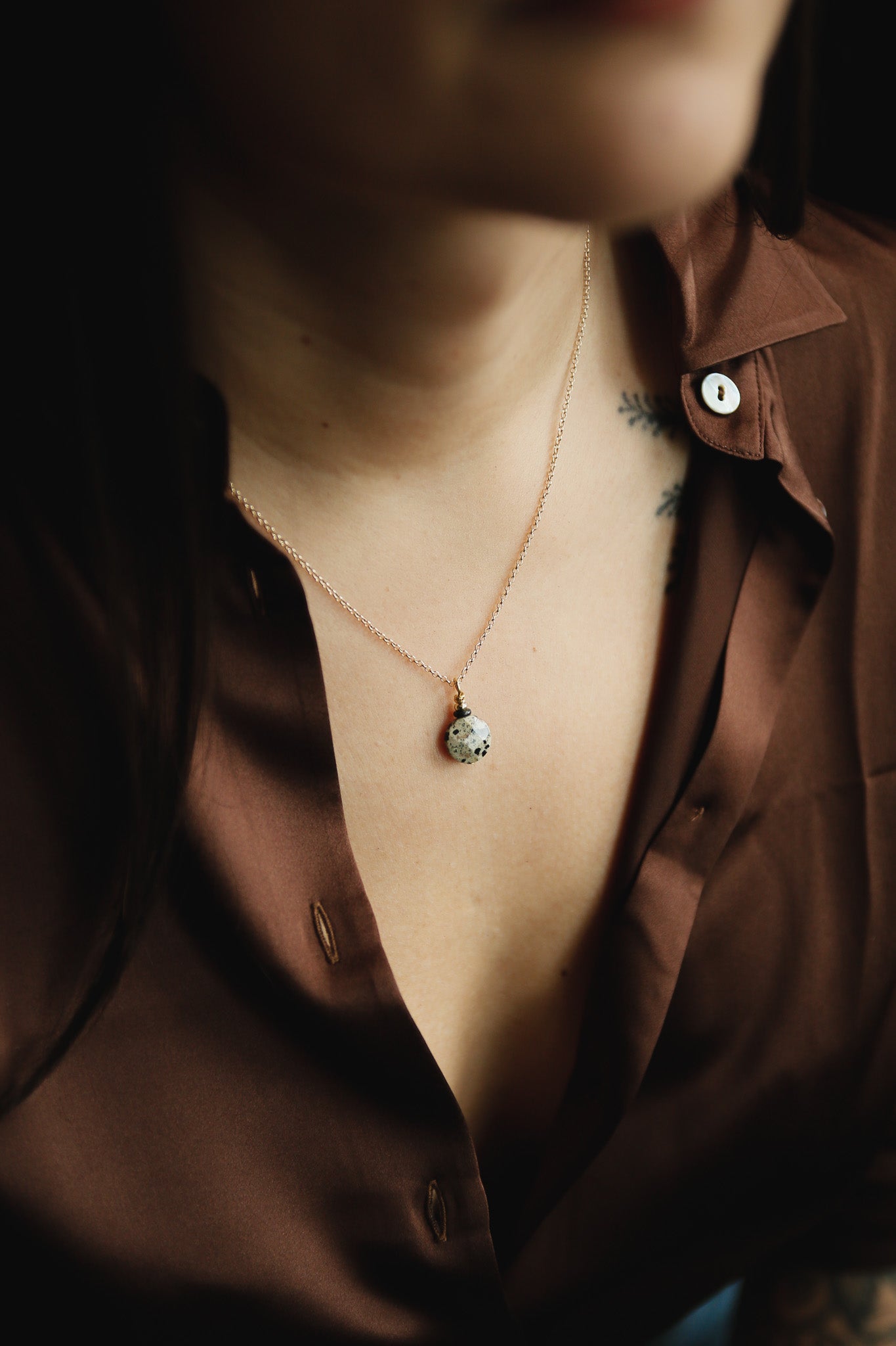 Dalmatian jasper faceted coin necklace on fine gold fill chain