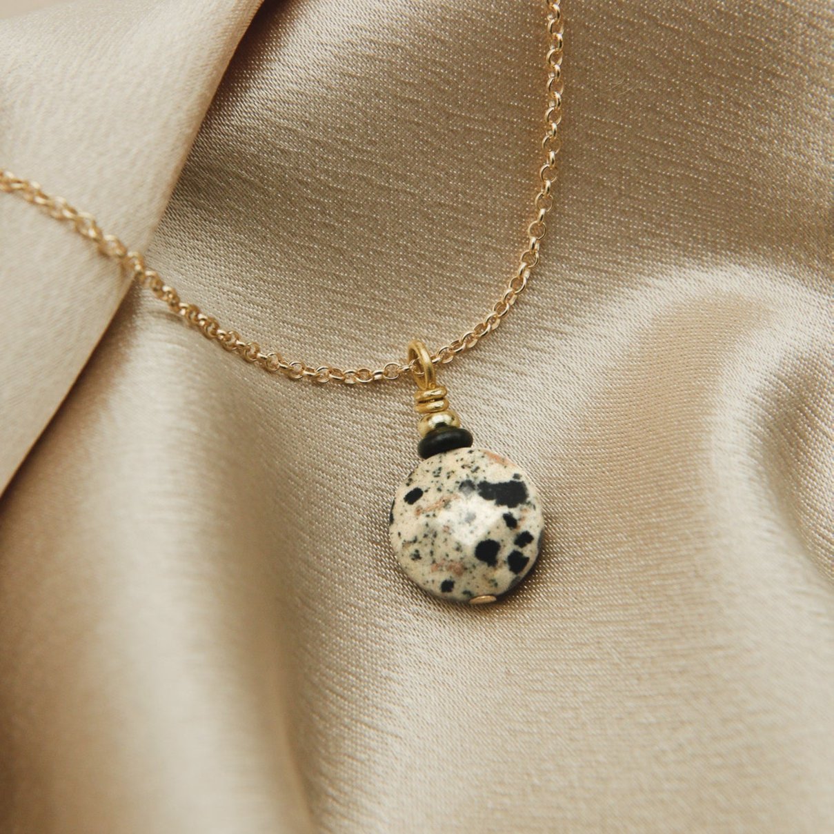 Dalmatian jasper faceted coin necklace on fine gold fill chain