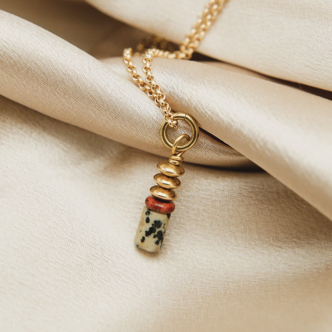 natural stone stack necklace with jasper and stacked bronze discs
