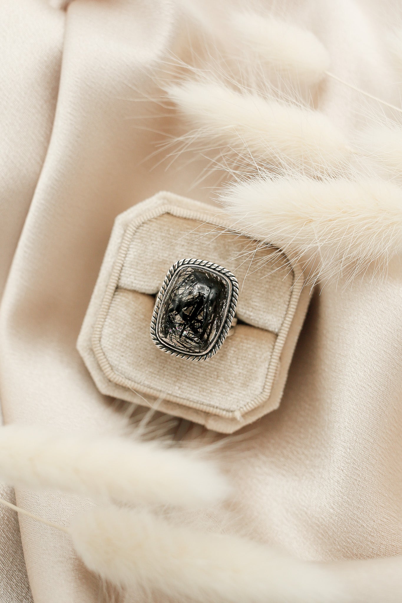 High grade black tourmalinated quartz rectangle cabochon statement stone set ring my Milwuakee's favorite jewelry design stdio Cival Collective