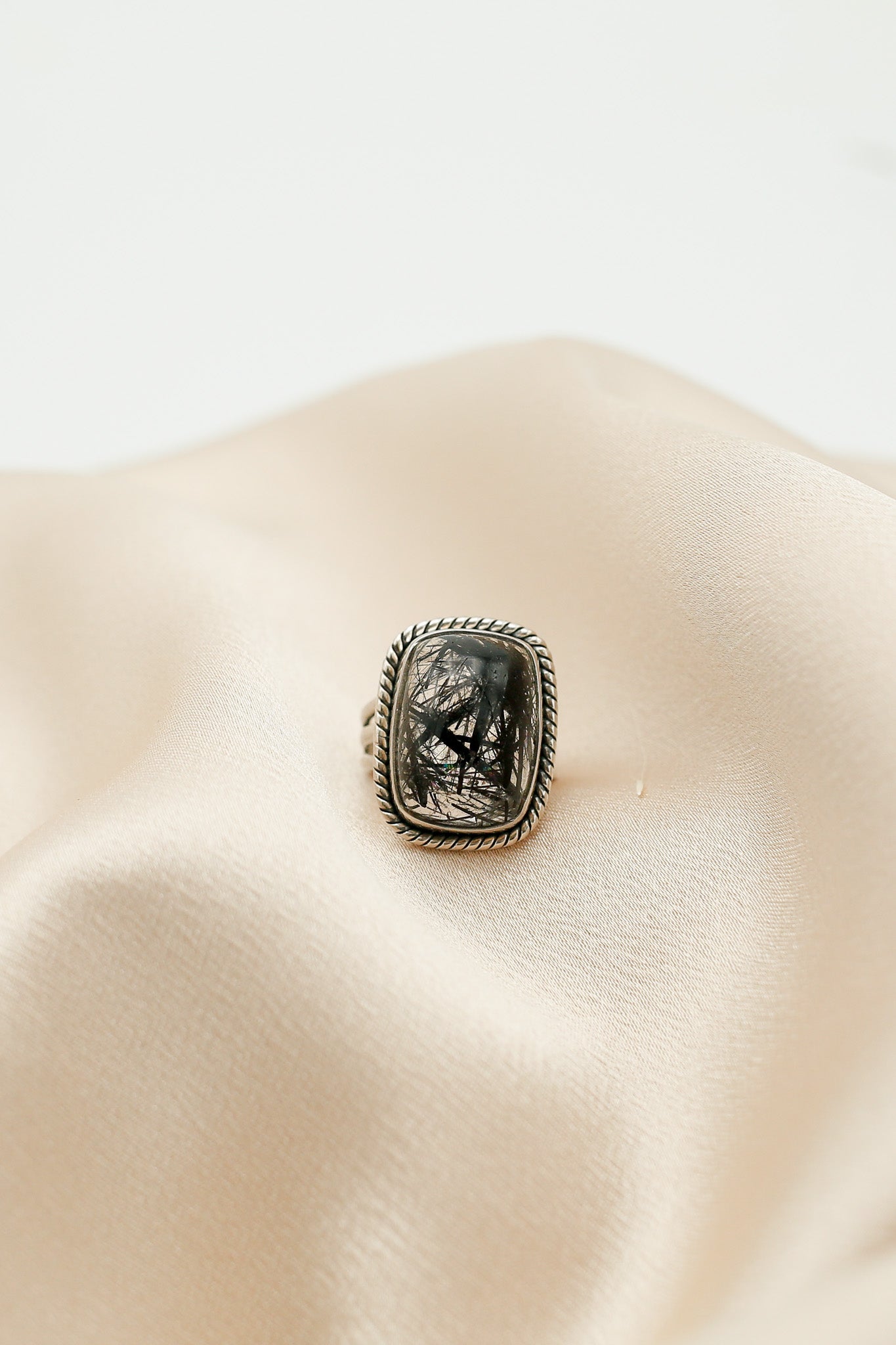 High grade black tourmalinated quartz rectangle cabochon statement stone set ring my Milwuakee's favorite jewelry design stdio Cival Collective