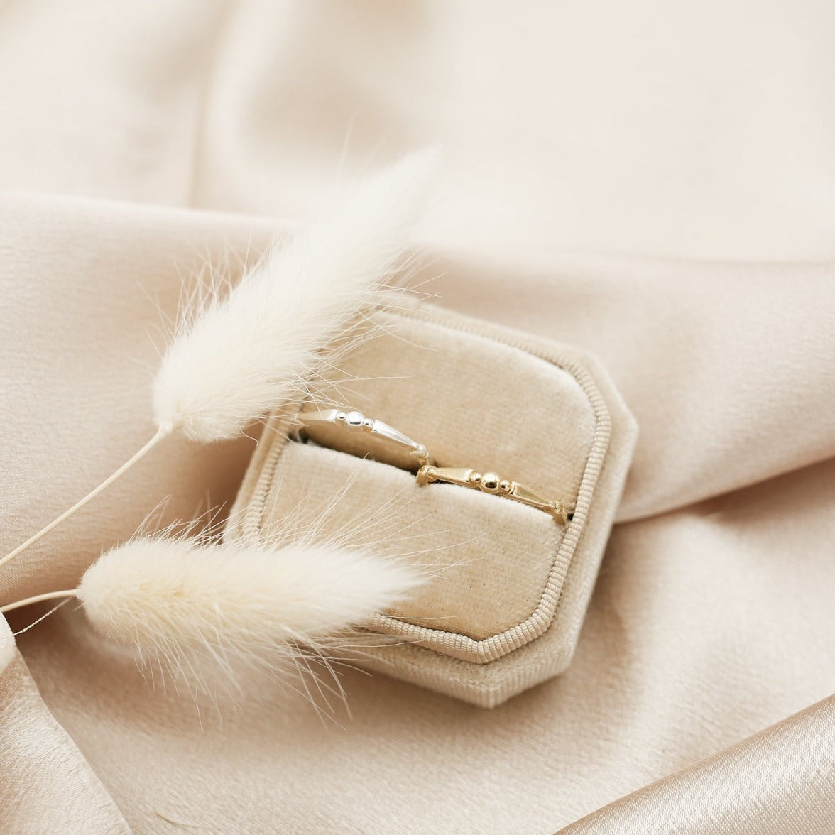 Close up of Asha stacking ring cast in brass or sterling silver. designed in house at cival collective, Milwaukee WI
