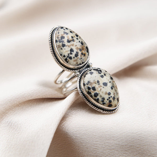 close up of large double stone dalmation jasper ring, pearl shapeddouble stone set in sterling silver
