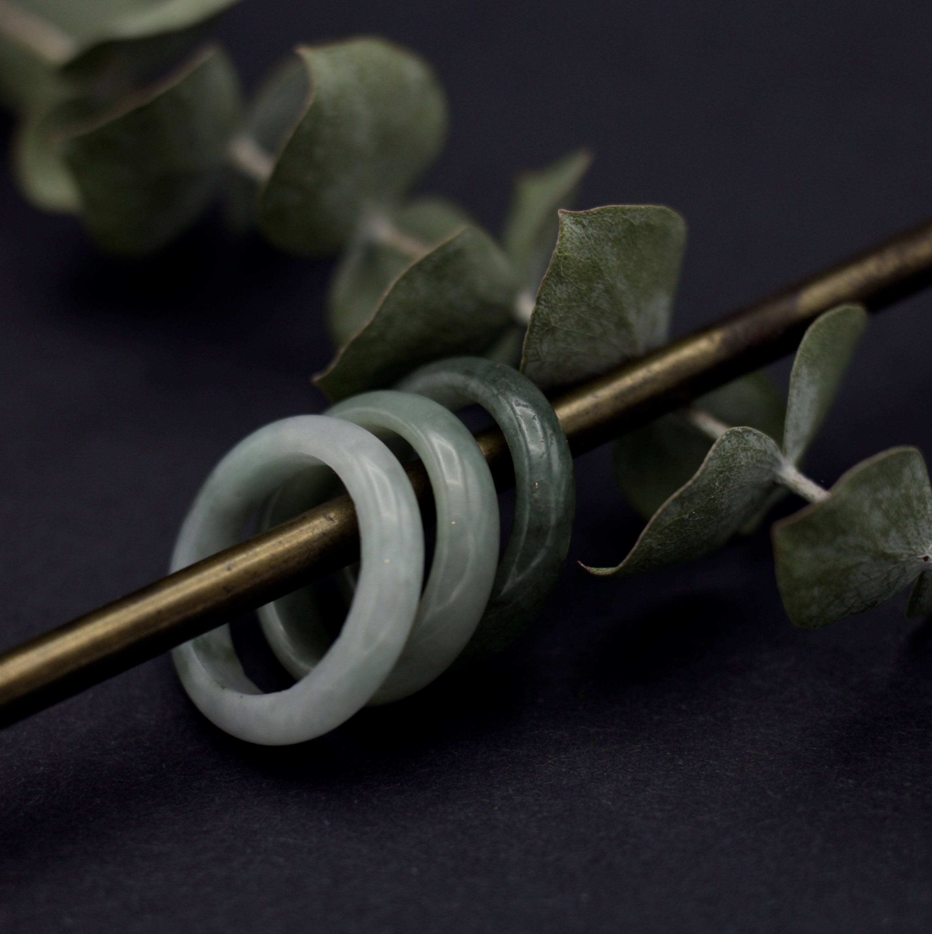 Set of three jade rings from light green to dark green variations, found at cival collective in milwaukee, wisconsin.