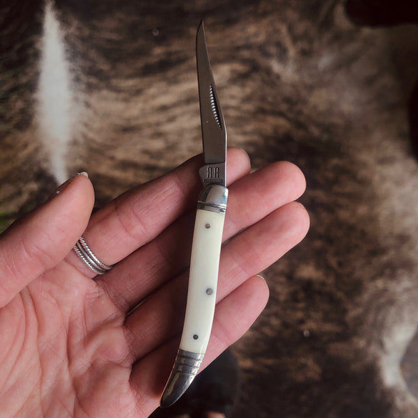 Delicate toothpick pocket knife with cream horn handle.