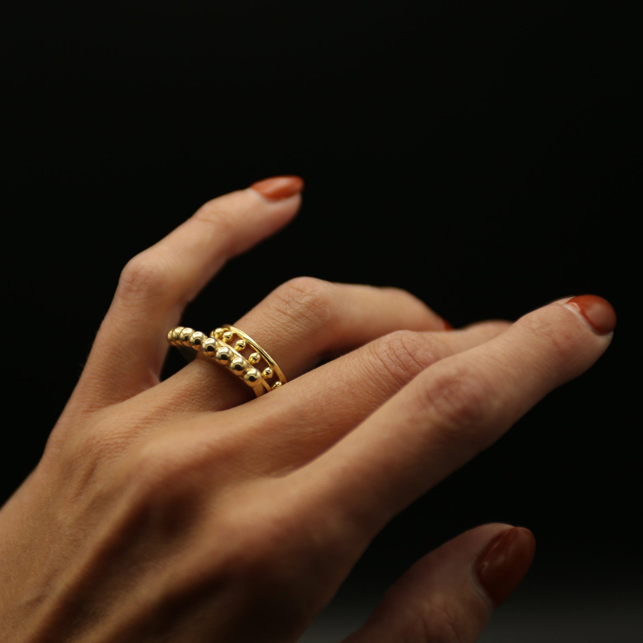 Cival Collective designed cast brass ring, stacking brass ring kelly on model