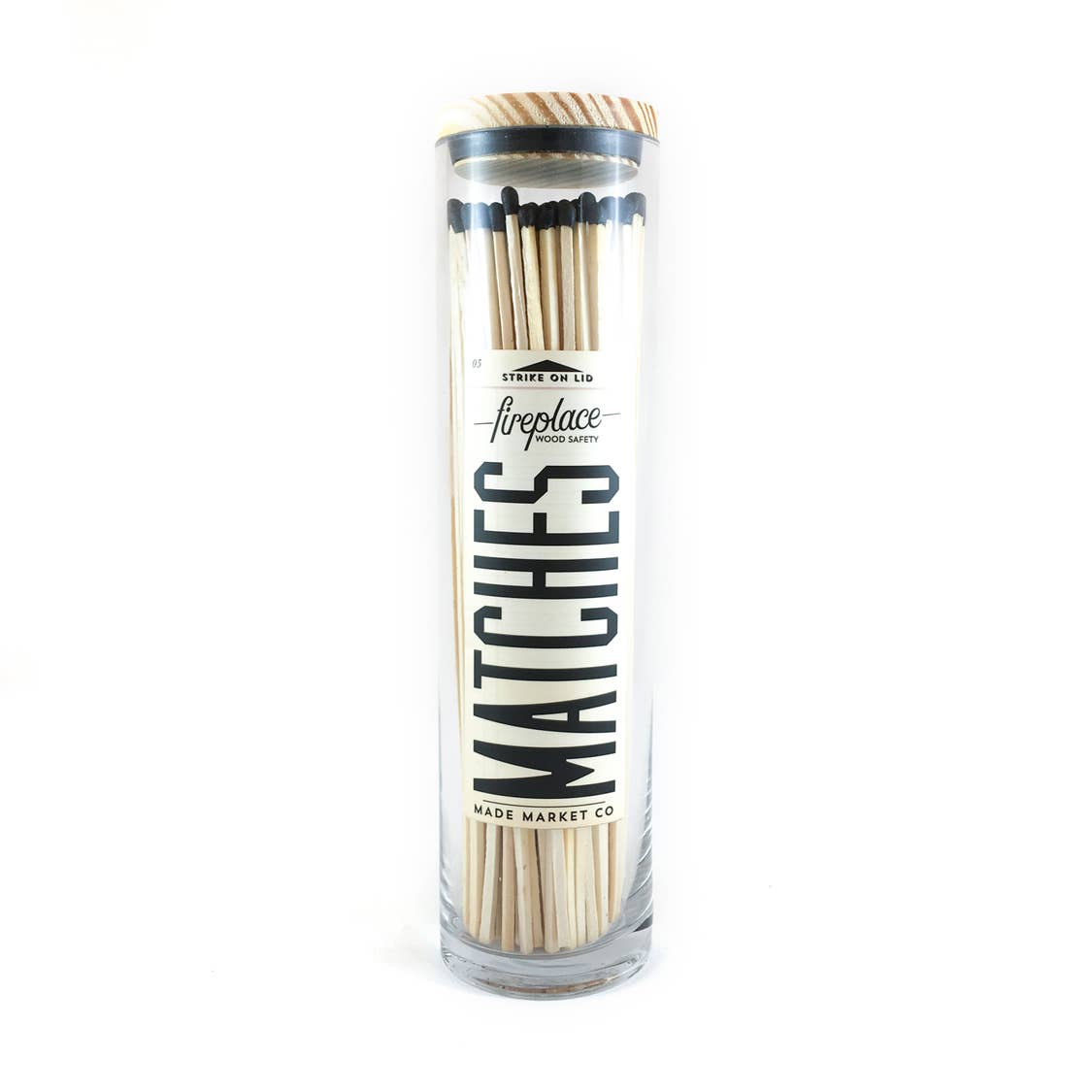120, 10 inch fireplace matches in 12 inch cylinder container with wood lid.