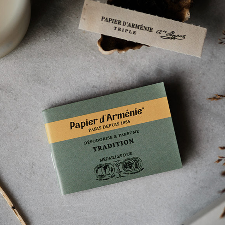 incense burning paper, green colored label reading "papier d'armenie"