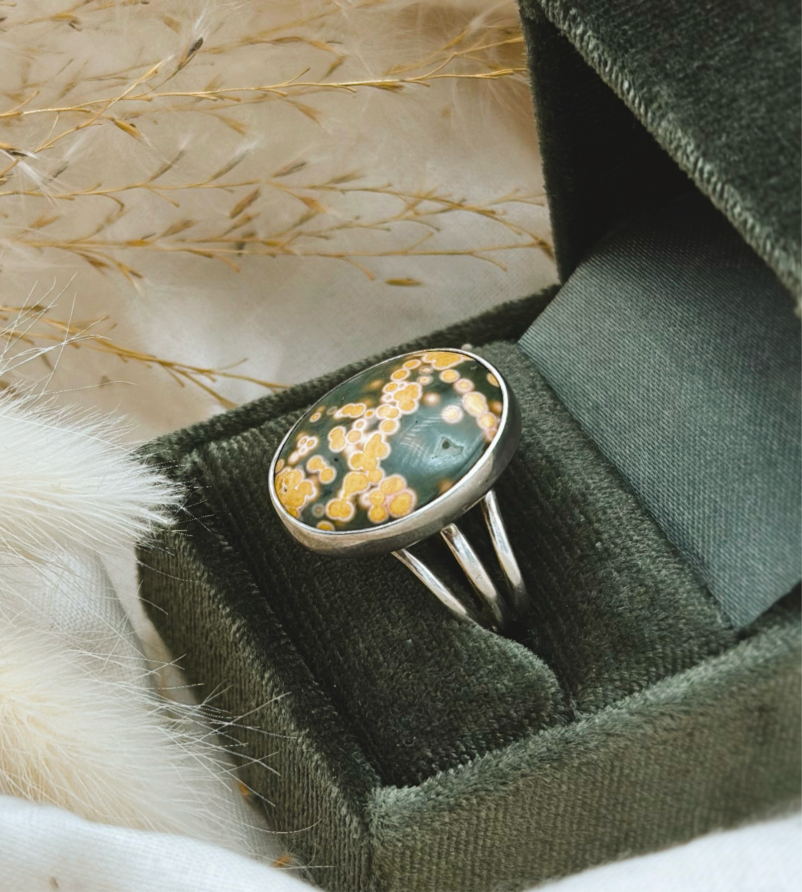 Green & Gold Ocean Jasper Ring | 7