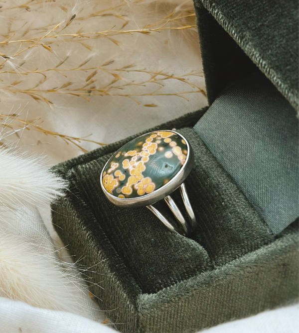 Green & Gold Ocean Jasper Ring | 7