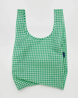 Open baggu standard size reusable bag in the green gingham print colors are kelly green and white with a checkered pattern