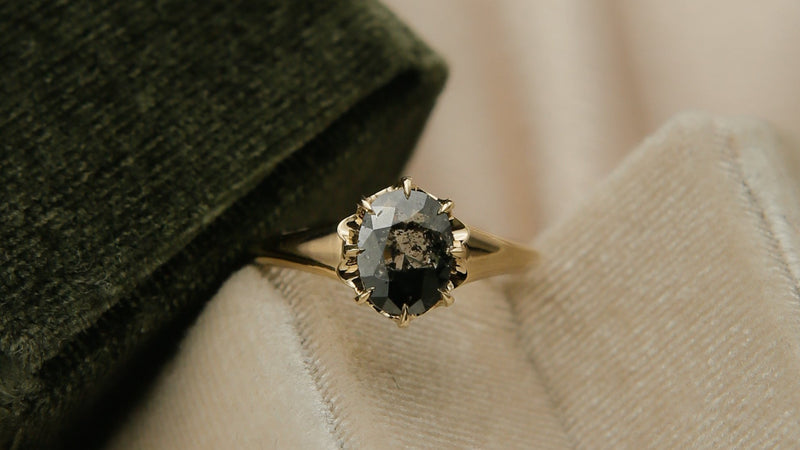 close up of "amelia" 2ct salt and pepper diamond ring 