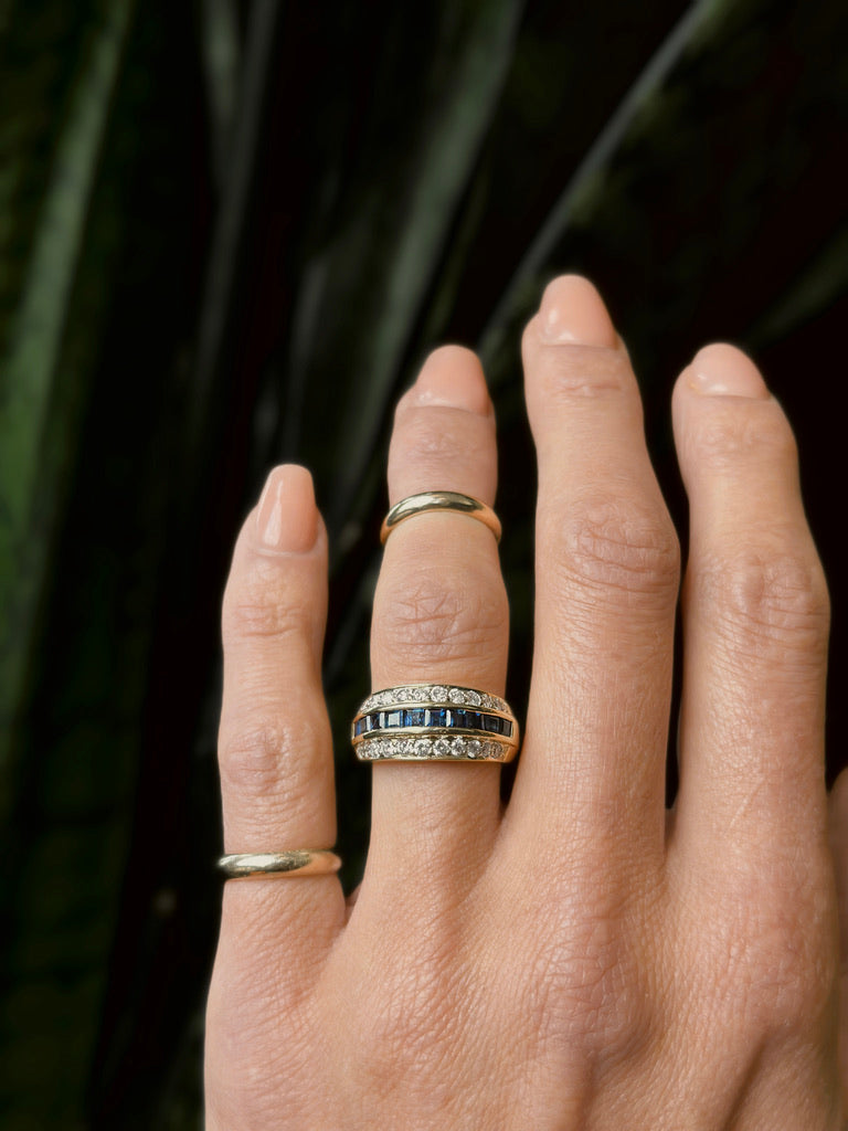 14k yellow gold filled adjustable stacking rings on pinky and first knuckle, handmade in Milwaukee by Jewelers at Cival Collective - Stacked with a Vintage 1970s Sapphire and diamond 5 row band 