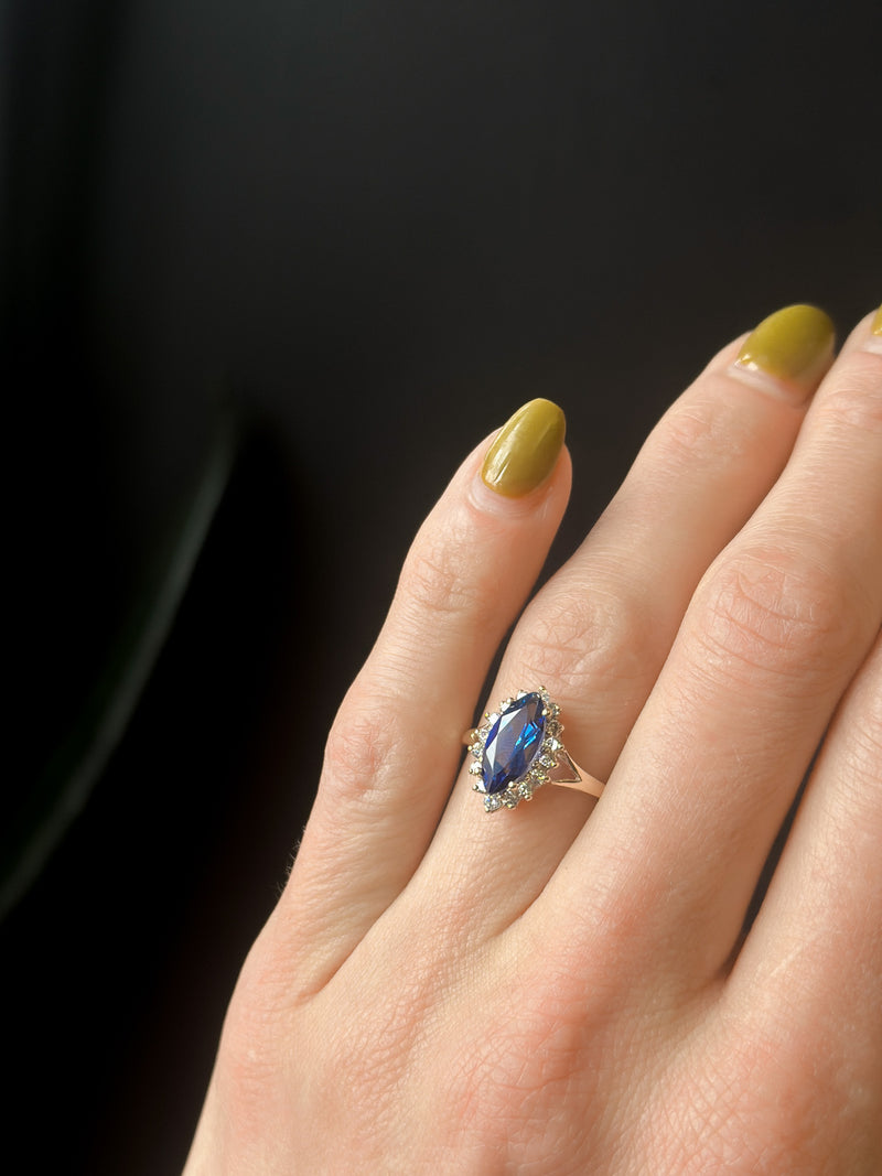 Vintage Blue Sapphire Marquise with Diamond Halo Ring | Size 9.5