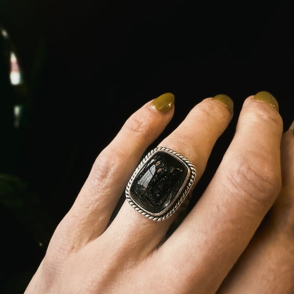 Fair trade handmade high grade black tourmaline in clear quartz rectangle cabochon statement ring by my Milwuakee's favorite jewelry design stdio Cival Collective