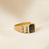Vintage 14k yellow gold mod emerald cut blue sapphire right hand ring with two rows of white diamonds