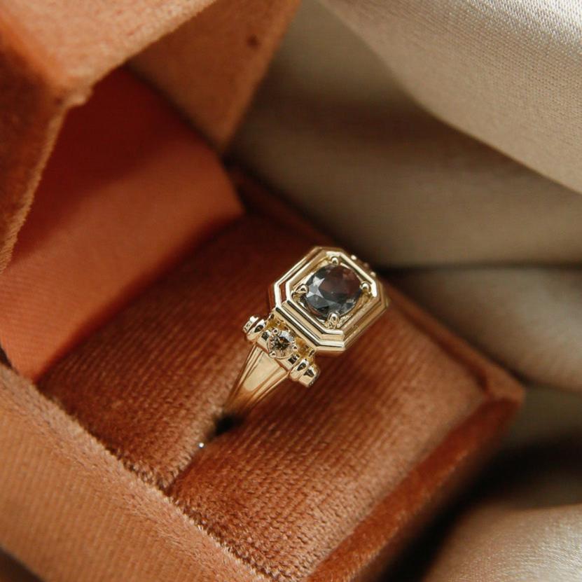 14k yellow setting with east west custom  natural brown sapphire french tank style engagement ring