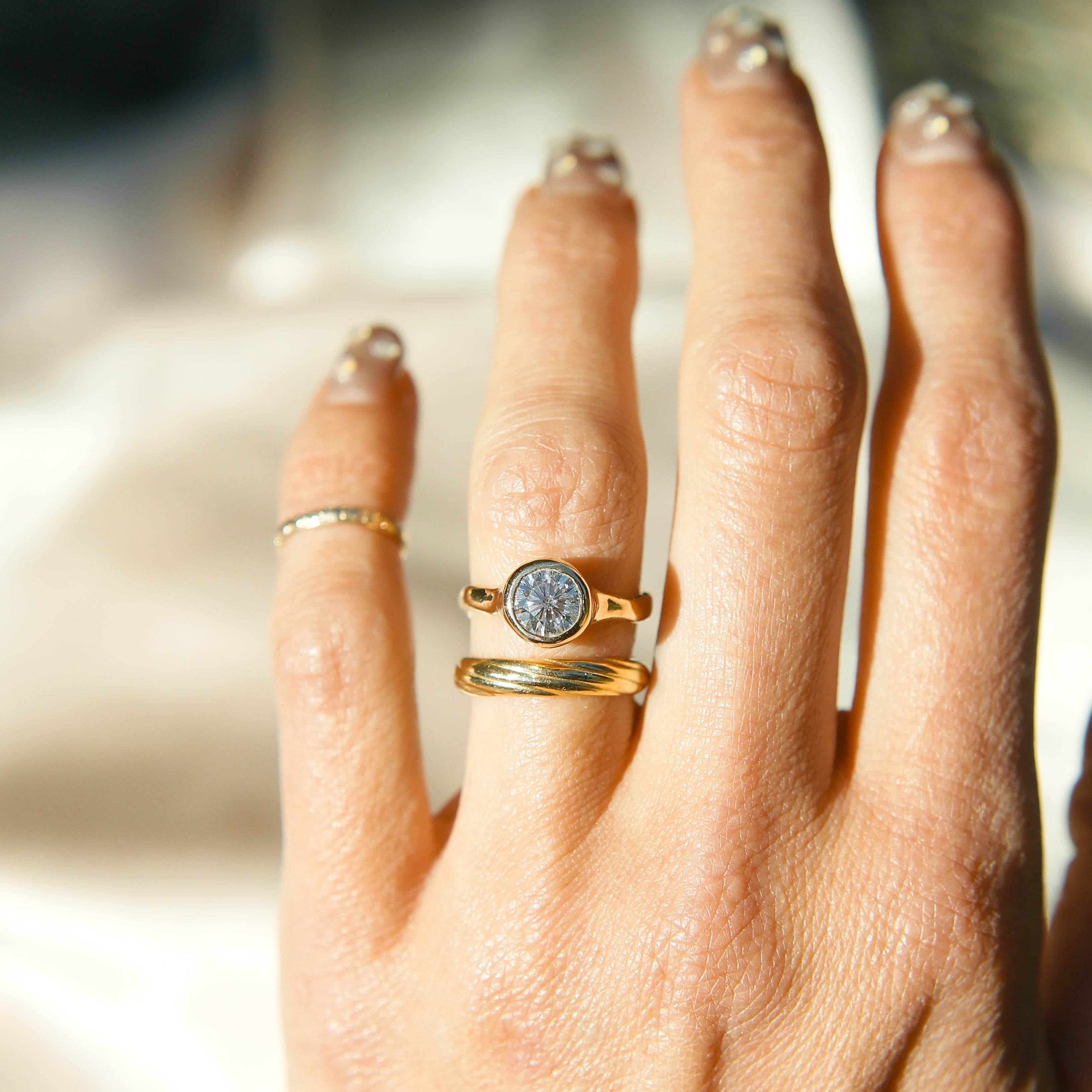 1.5ct Moissanite Bezel Set LL for Cival| sz 6.5