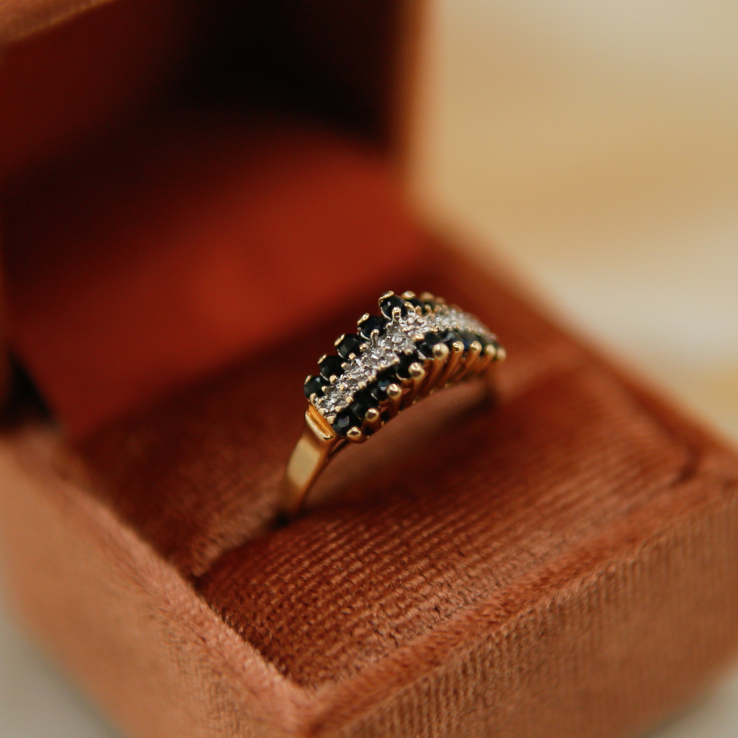 70's 10k Three Row Diamond + Blue Stone | sz 7.75