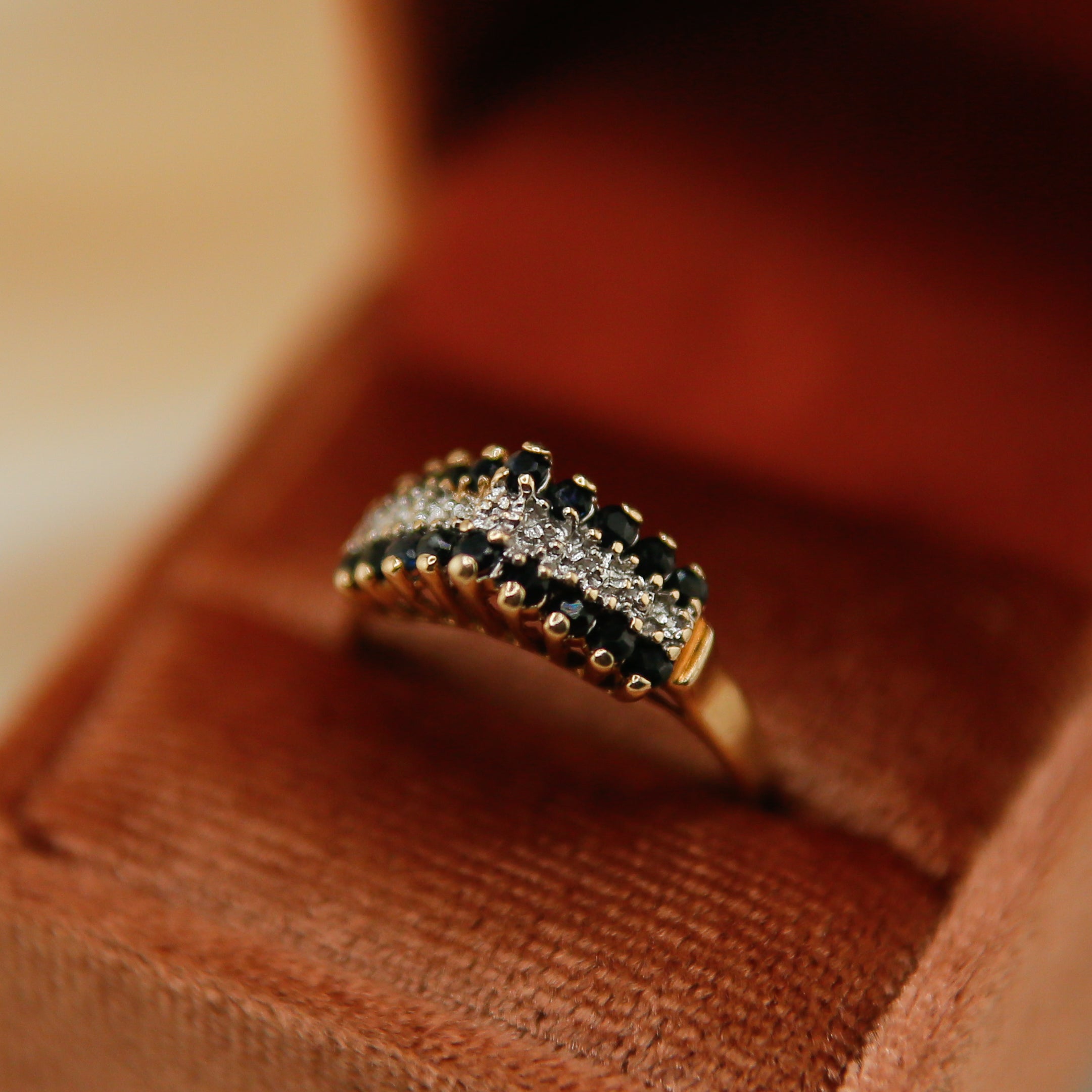 70's 10k Three Row Diamond + Blue Stone | sz 7.75