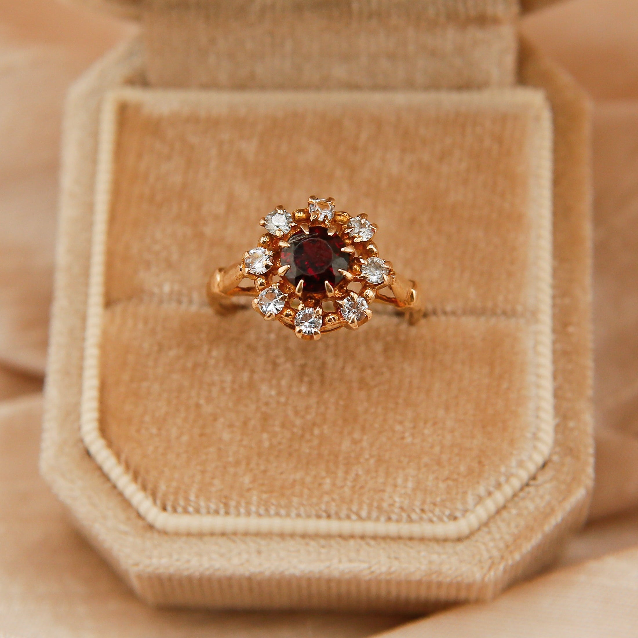 70's Gregorian Inspired Garnet and White Sapphire Halo Ring | sz 6