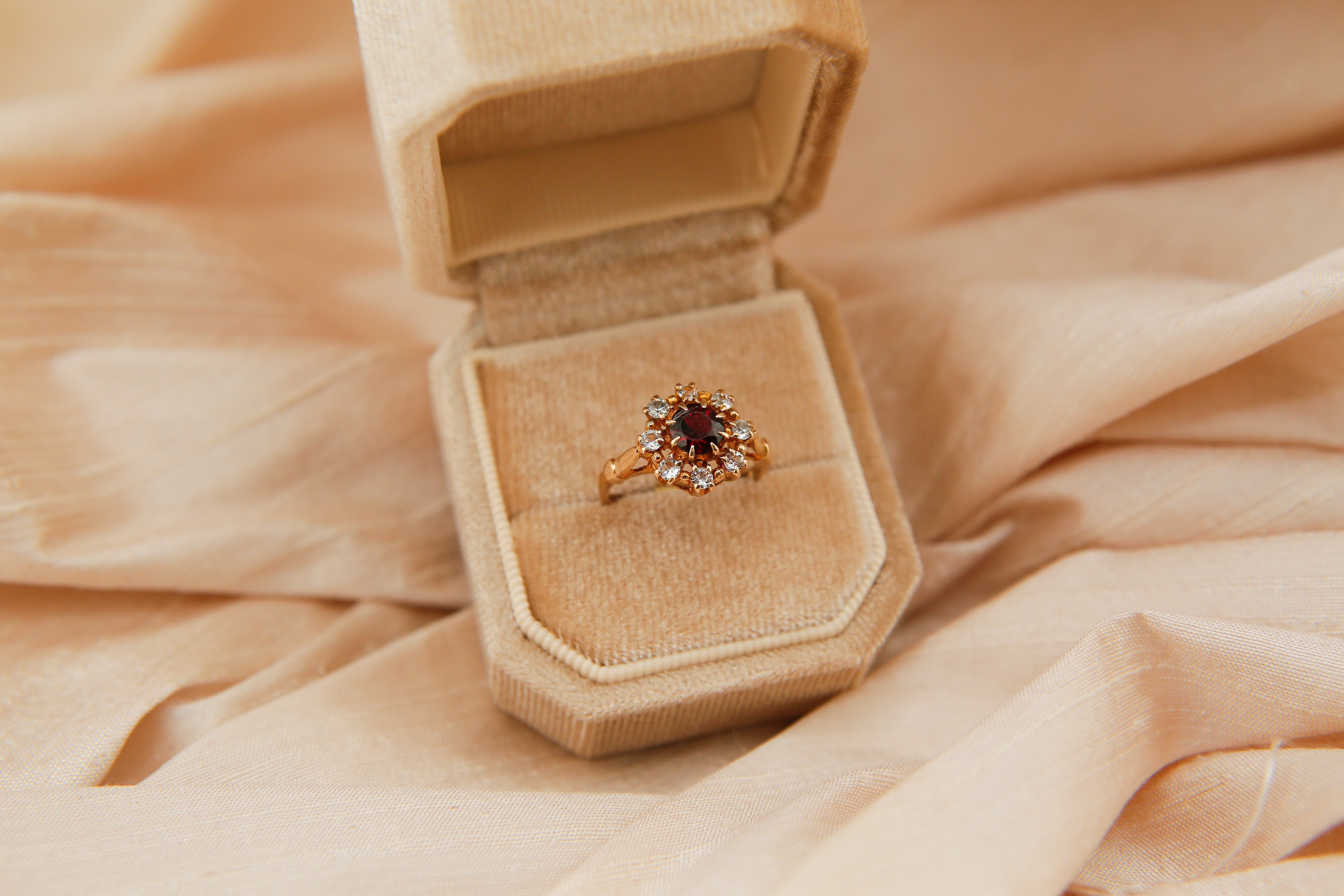 70's Gregorian Inspired Garnet and White Sapphire Halo Ring | sz 6