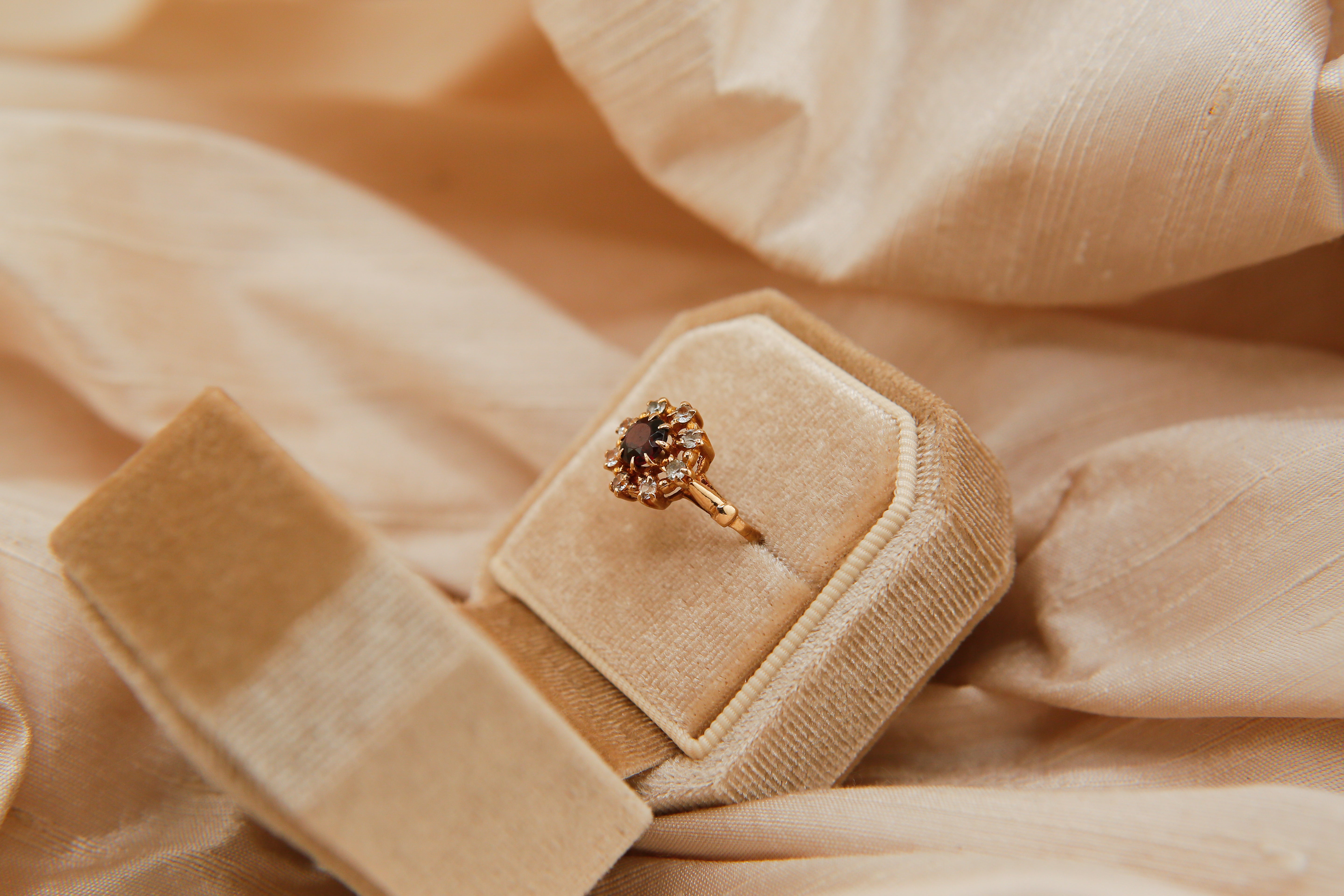 70's Gregorian Inspired Garnet and White Sapphire Halo Ring | sz 6