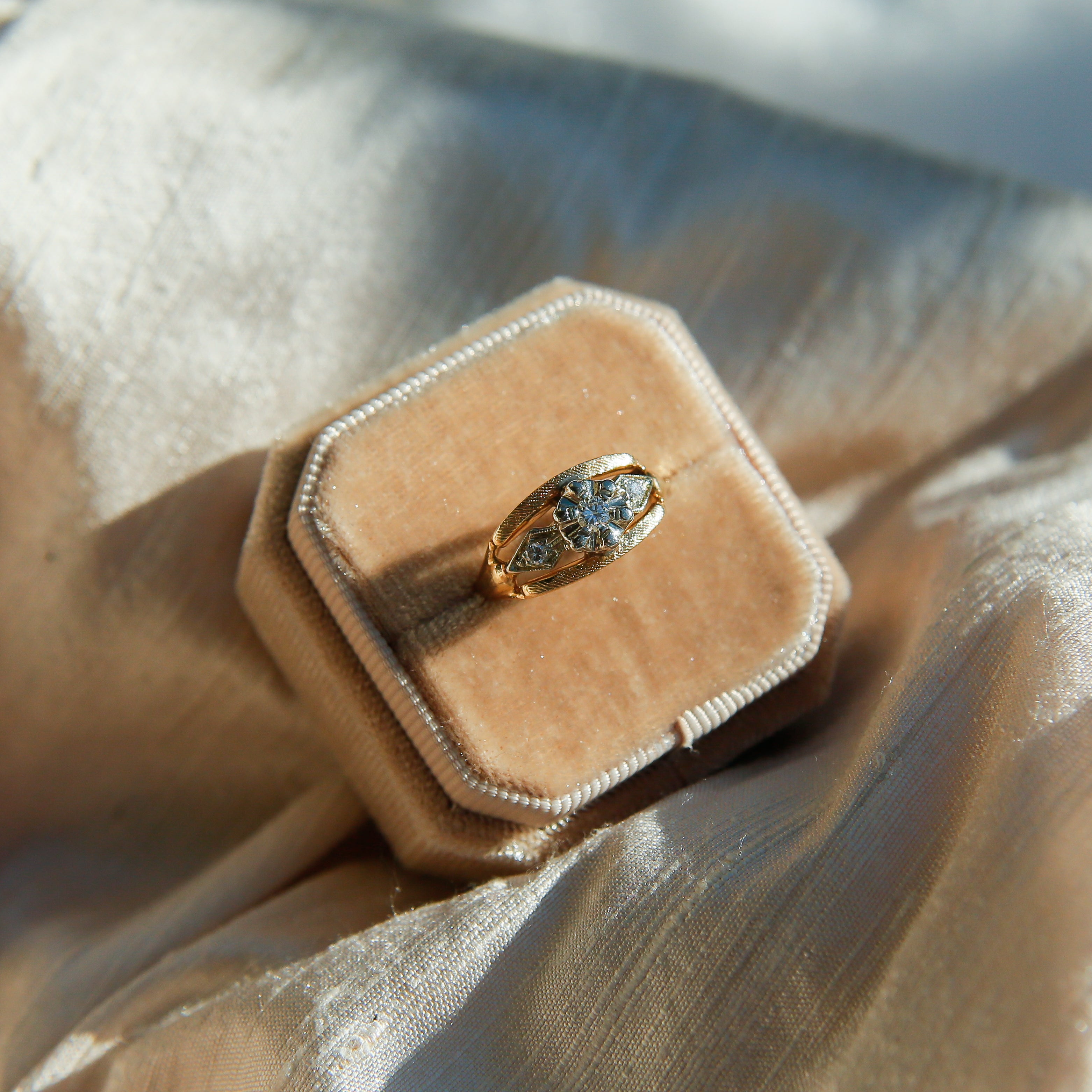 Midcentury 14k Two Tone Three Stone Engagement Ring | sz 6.5