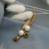 Pearl earrings with textured brass and flower drops for brides or wedding jewelry