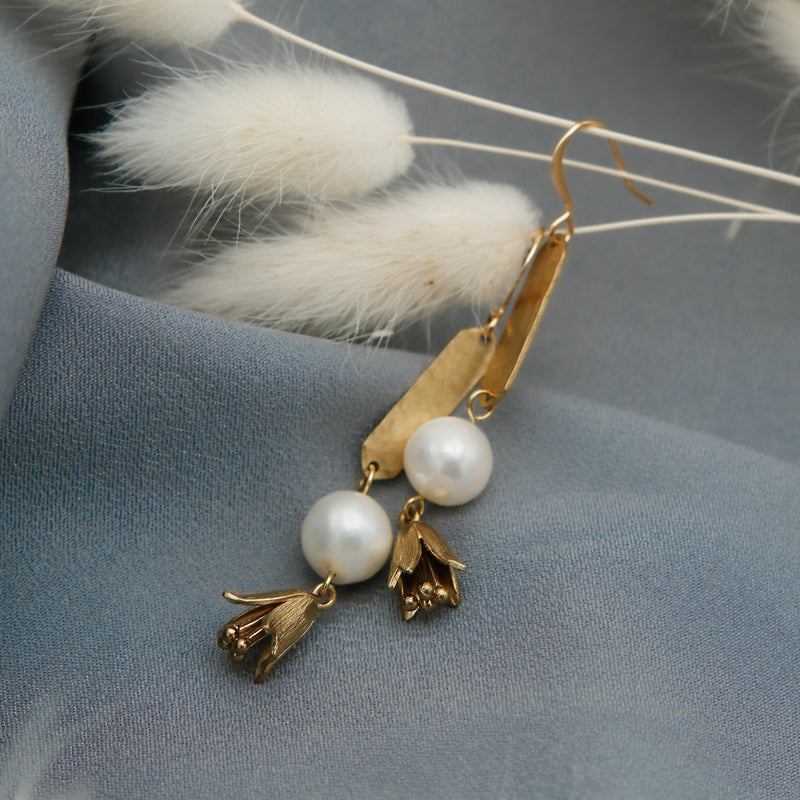 Pearl earrings with textured brass and flower drops for brides or wedding jewelry