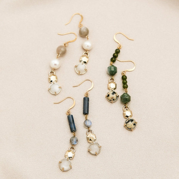 Natural sone earrings with geometic cast gemstone charms in moonstone, lapis, pearl and jade