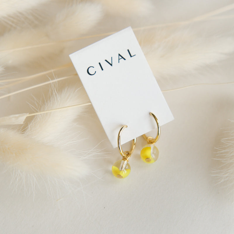 delicate vintage neon yellow glass earrings on gold vermeil  hoops