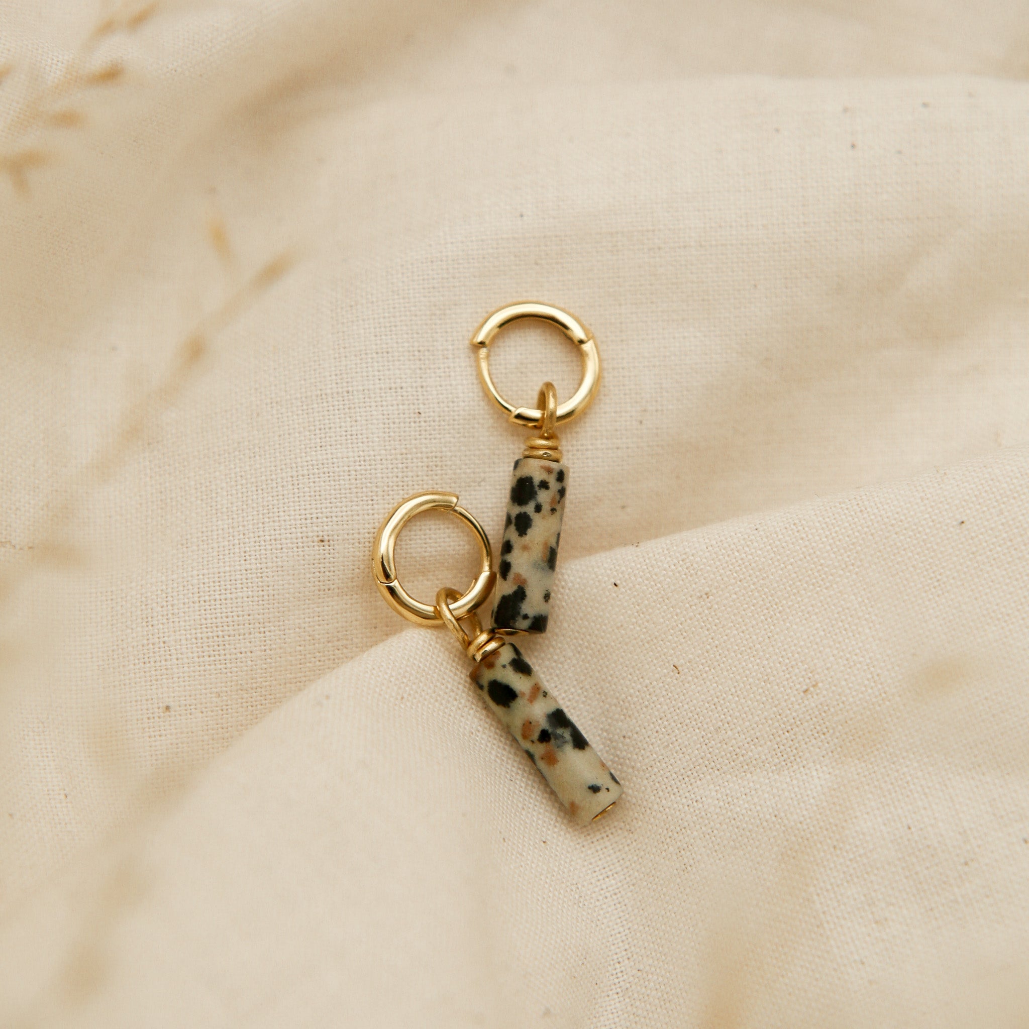 Dalmatian jasper earrings on small gold vermeil hoops - cival jewelry design company Milwaukee WI