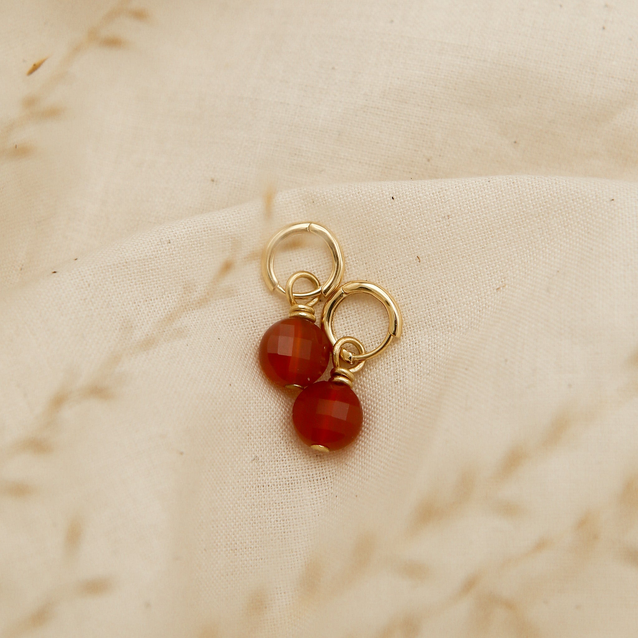 red carnelian faceted gemstone earrings on small gold vermeil hoops - cival jewelry design company 