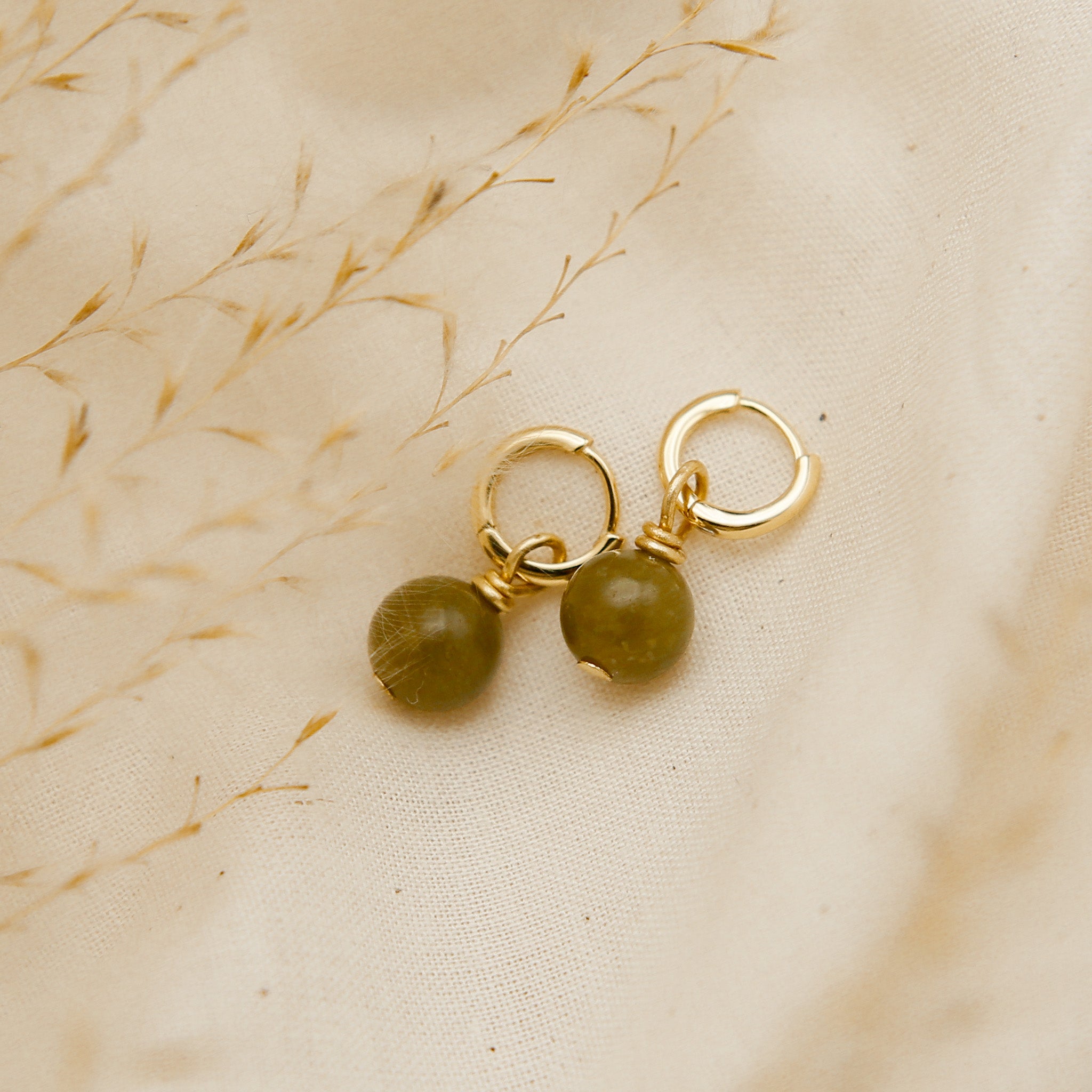 olive green serpentine gemstone earrings on small gold vermeil hoops - cival jewelry design company Milwaukee WI