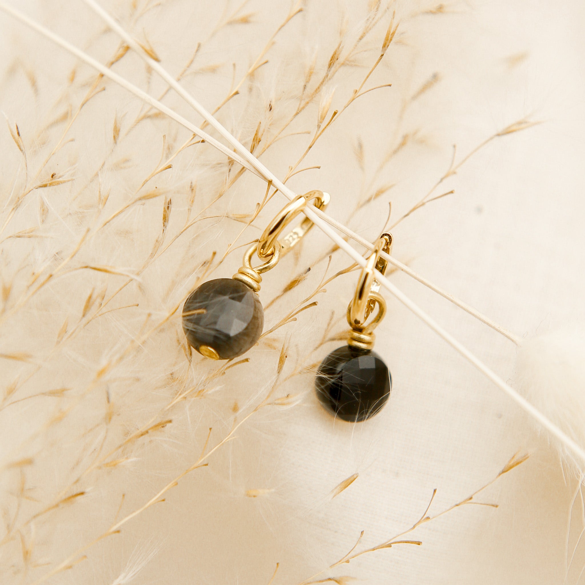 black goldstone earrings on small gold vermeil hoops - cival jewelry design company