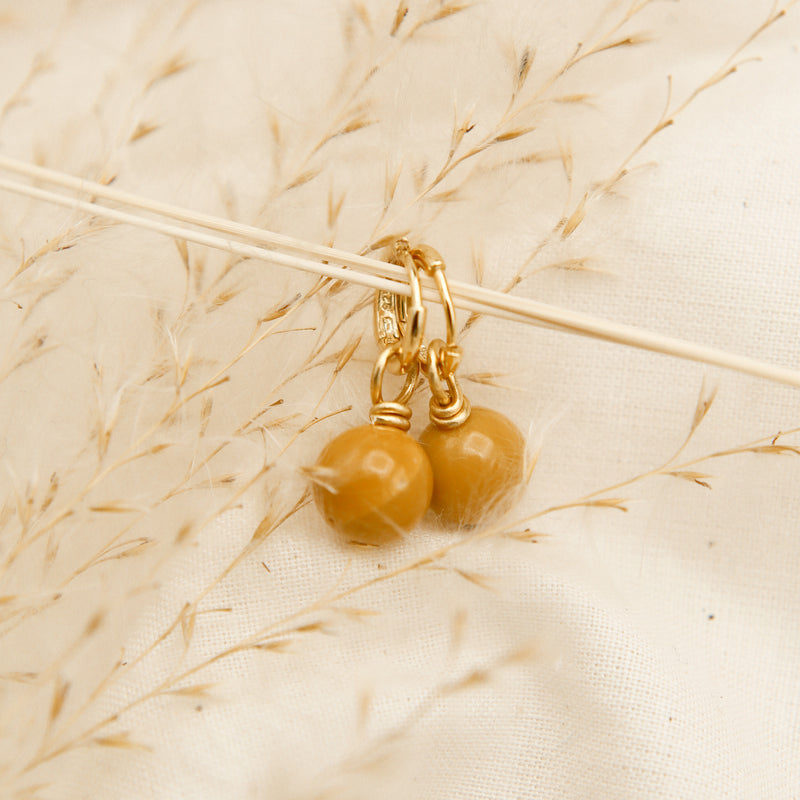 mustard yellow jasper earrings on small gold vermeil hoops - cival jewelry design company Milwaukee WI