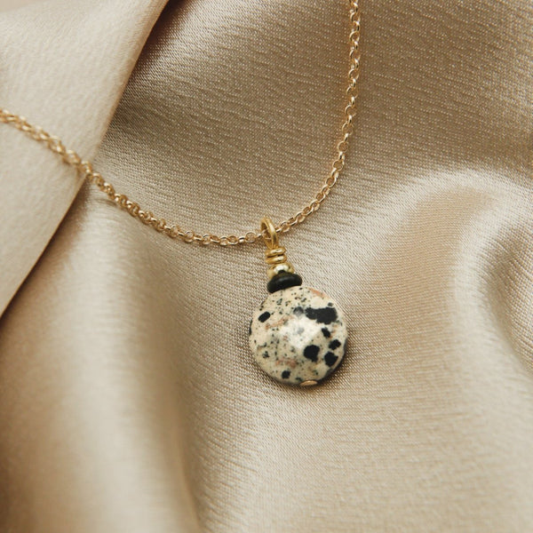 Dalmatian jasper faceted coin necklace on fine gold fill chain 